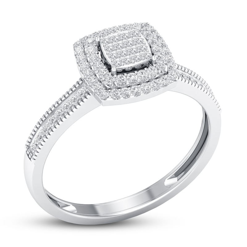 Main Image 4 of Previously Owned Multi-Diamond Center Double Cushion Halo Engagement Ring 1/4 ct tw 10K White Gold Size 8
