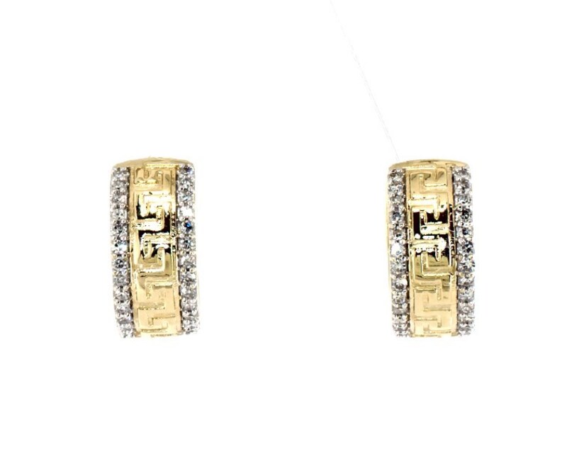 Main Image 1 of Previously Owned Men’s Round-Cut Diamond Greek Key Huggie Hoop Earrings 1/5 ct tw 10K Yellow Gold