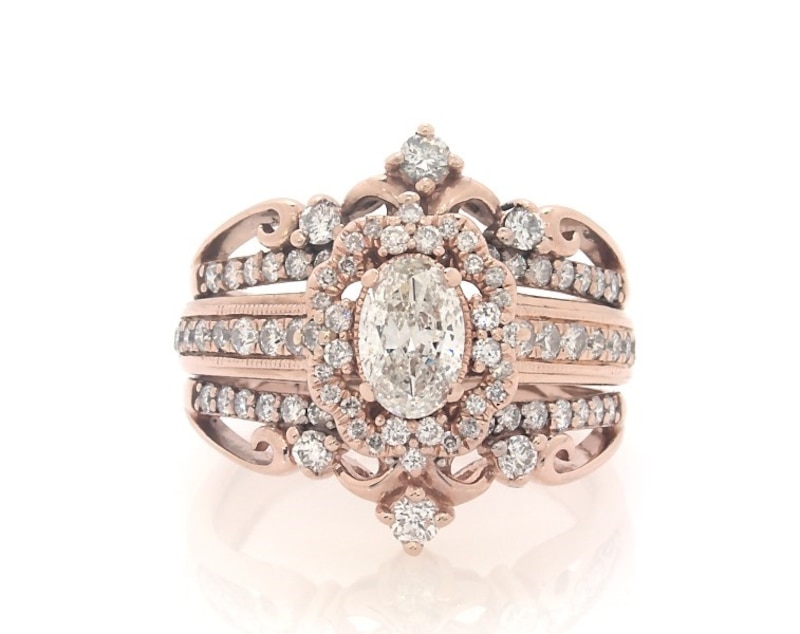 Main Image 1 of Previously Owned Oval-Cut Diamond Halo Bridal Set 1-1/4 ct tw 14K Rose Gold Size 6