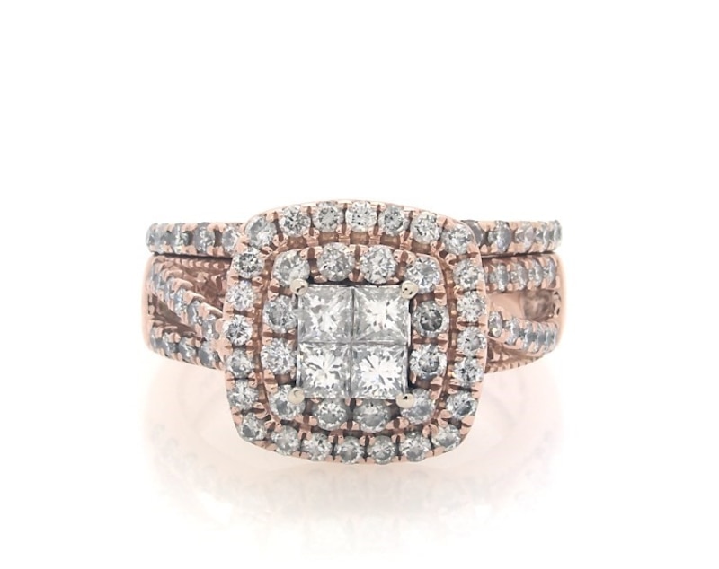 Main Image 1 of Previously Owned Princess-Cut Diamond Quad Double Halo Bridal Set 1-1/3 ct tw 10K Rose Gold & 14K Two-Tone Gold Size 5.25