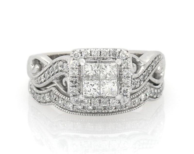 Main Image 1 of Previously Owned Princess-Cut Quad Diamond Bridal Set 3/4 ct tw 14K White Gold Size 6.5