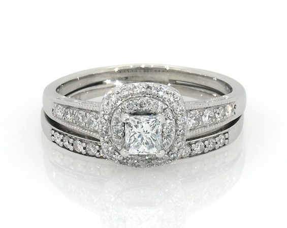 Previously Owned Princess-Cut Diamond Double Halo Bridal Set 7/8 ct tw 14K & 10K White Gold 8