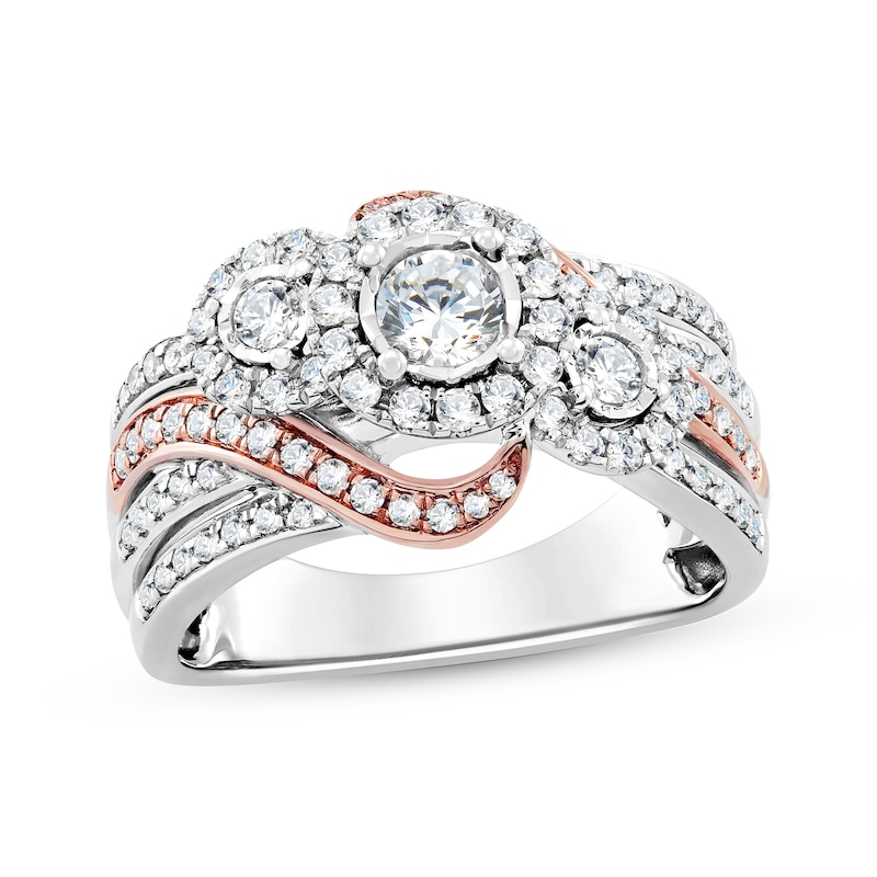 Main Image 1 of Previously Owned Round-Cut Diamond Three-Stone Engagement Ring 1 ct tw 10K Two-Tone Gold