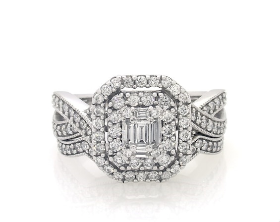 Previously Owned Baguette-Cut Diamond Double Halo Bridal Set 1-1/8 ct tw 14K White Gold Size 7.5