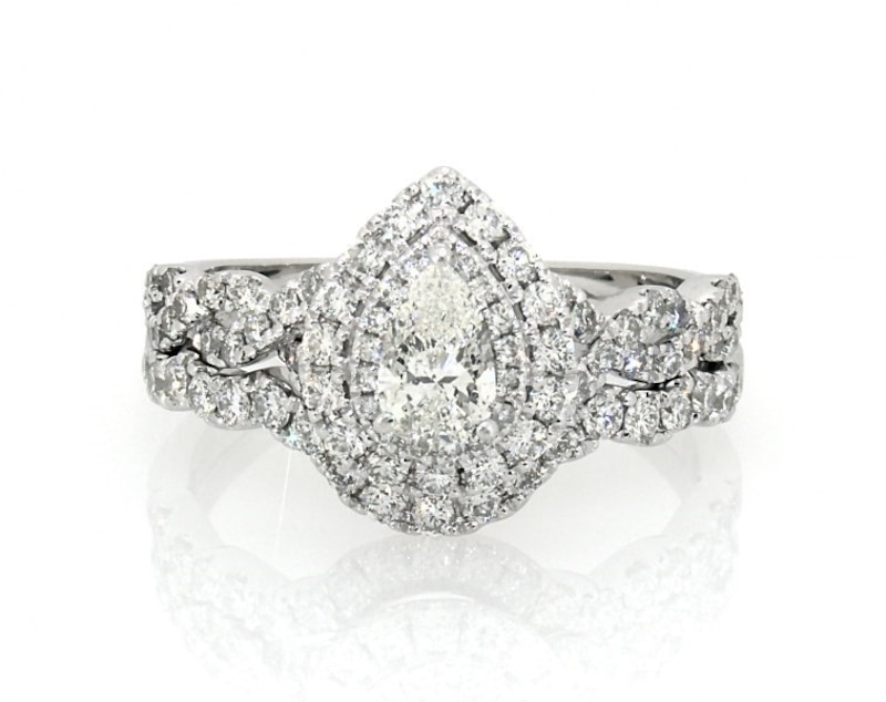 Main Image 1 of Previously Owned Neil Lane Pear-Shaped Diamond Double Halo Bridal Set 1-1/2 ct tw 14K White Gold Size 9.5
