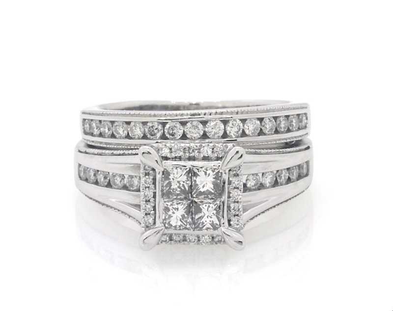 Main Image 1 of Previously Owned Princess-Cut Quad Diamond Bridal Set 7/8 ct tw 14K White Gold Size 5.75