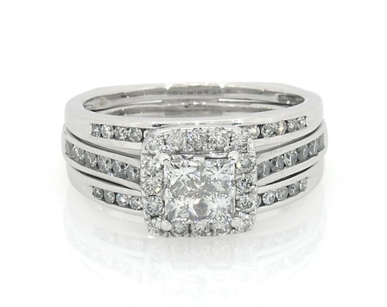 Previously Owned Princess-Cut Quad Diamond Halo Bridal Set 1-1/4 ct tw 14K White Gold Size 8