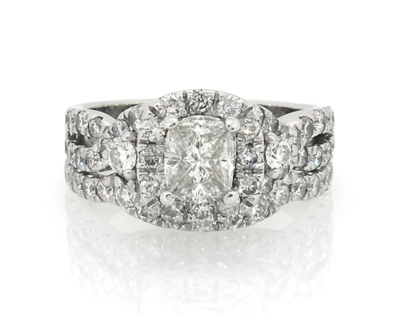 Main Image 1 of Previously Owned Multi-Diamond Center Halo Bridal Set 1-3/4 ct tw 14K White Gold Size 6.75
