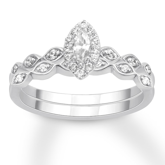 Previously Owned Diamond Bridal Set 1/3 ct tw Marquise & Round 10K White Gold Size 5