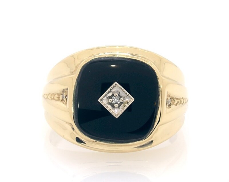 Main Image 1 of Previously Owned Men's Cushion-Cut Black Onyx & Diamond Accent Signet Ring 14K Yellow Gold