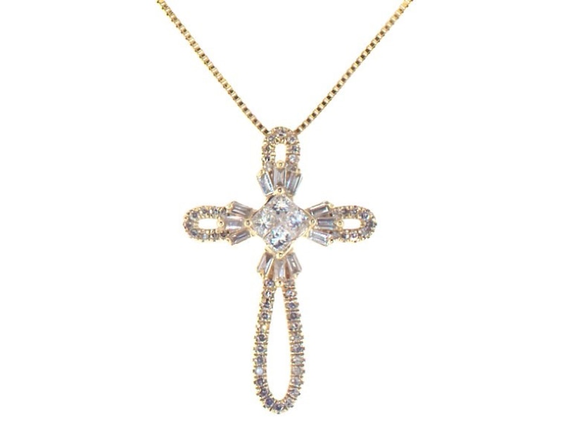 Main Image 1 of Previously Owned Diamond Cross Necklace 3/8 ct tw Round, Baguette & Princess 10K Yellow Gold 18&quot;