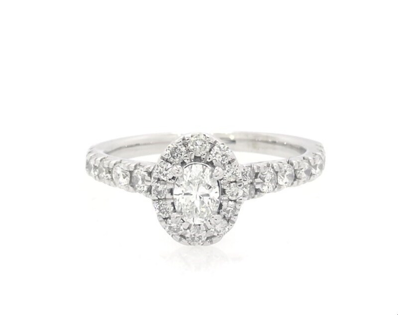 Main Image 1 of Previously Owned Oval-Cut Diamond Halo Engagement Ring 3/4 ct tw 14K White Gold