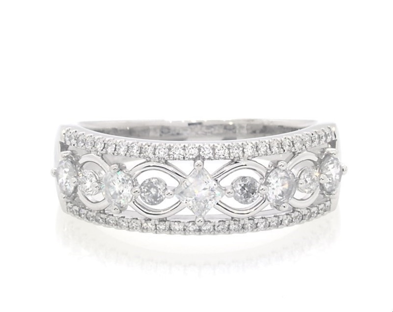 Main Image 1 of Previously Owned THE LEO First Light Diamond Princess & Round-Cut Anniversary Ring 1 ct tw 14K White Gold