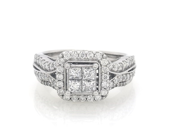Previously Owned Princess-Cut Quad Diamond Halo Bridal Set 1 ct tw 10K White Gold Size 6.5