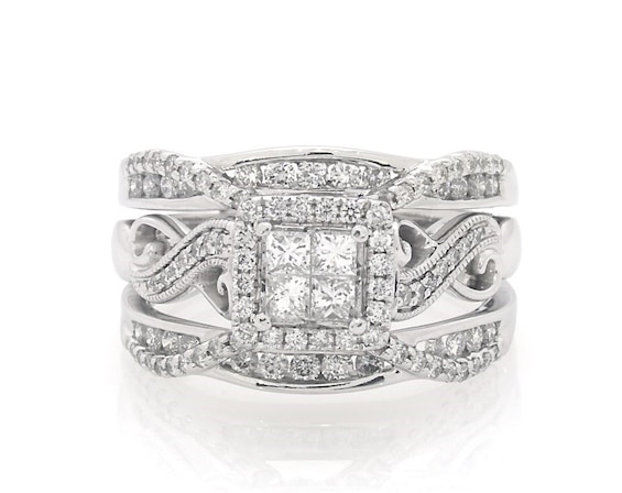 Previously Owned Princess-Cut Quad Diamond Halo Bridal Set 1-1/4 ct tw 14K White Gold 9.5