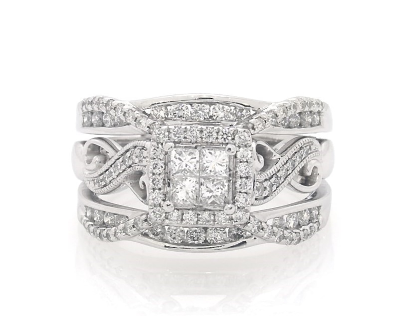Main Image 1 of Previously Owned Princess-Cut Quad Diamond Halo Bridal Set 1-1/4 ct tw 14K White Gold Size 9.5