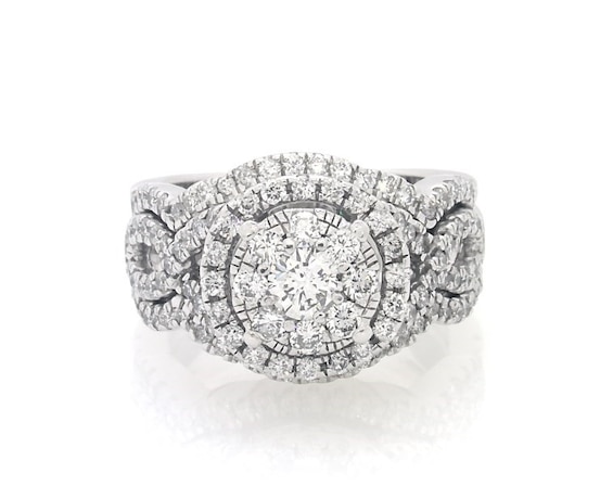 Previously Owned Round-Cut Diamond Double Halo Bridal Set 1-1/4 ct tw 14K White Gold Size