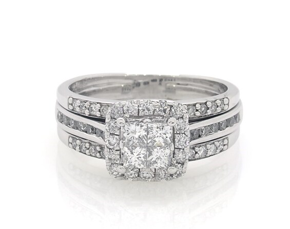 Previously Owned Princess-Cut Quad Diamond Halo Bridal Set 1-1/5 ct tw 14K White Gold Size 8