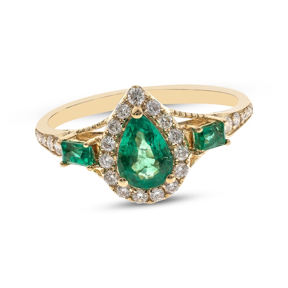 Previously Owned Pear-Shaped & Baguette-Cut Emerald & Diamond Ring 1/5 ct tw 10K Yellow Gold