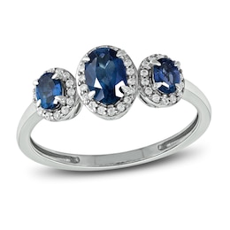 Previously Owned Three-Stone Blue Sapphire & Diamond Ring 1/8 ct tw Oval, Round-Cut 10K White Gold