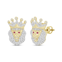 Previously Owned Men’s Round-Cut Diamond & Round-Cut Lab-Created Ruby Lion with Crown Stud Earrings 1/4 ct tw 10K Yellow Gold