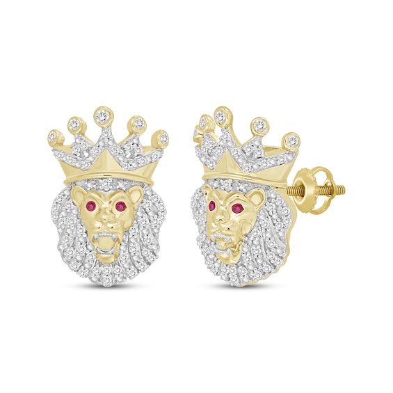 Previously Owned Men’s Round-Cut Diamond & Round-Cut Lab-Created Ruby Lion with Crown Stud Earrings 1/4 ct tw 10K Yellow Gold