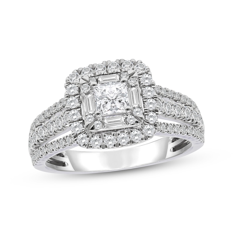 Main Image 1 of Previously Owned Princess, Baguette & Round-Cut Diamond Engagement Ring 1-1/4ct tw 14K White Gold