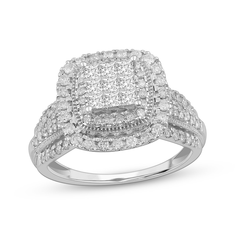 Main Image 1 of Previously Owned Multi-Diamond Center Princess-Cut Engagement Ring 1 ct tw 10K White Gold