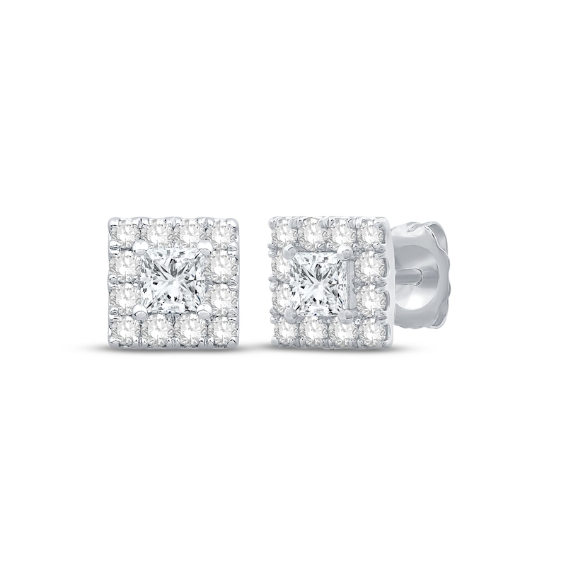 Main Image 1 of Previously Owned Diamond Stud Earrings 1 ct tw Princess & Round-cut 10K White Gold