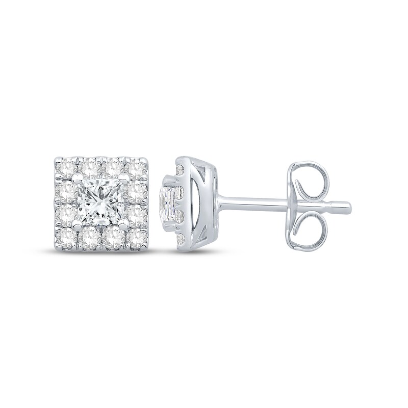Main Image 2 of Previously Owned Diamond Stud Earrings 1 ct tw Princess & Round-cut 10K White Gold
