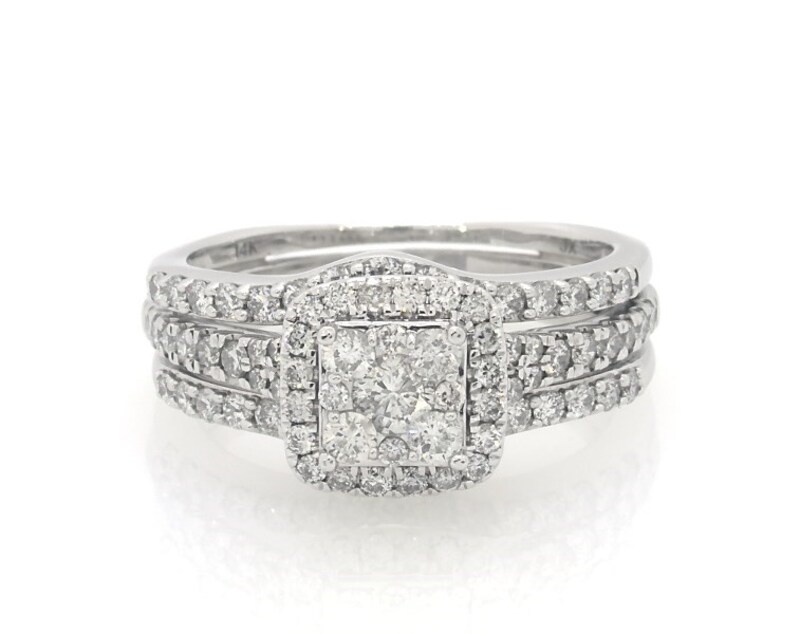Main Image 1 of Previously Owned Multi-Diamond Cushion Halo Bridal Set 1-1/8 ct tw 10K & 14K White Gold Size 8