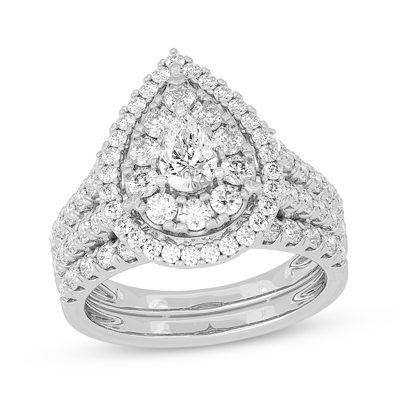 Main Image 1 of Previously Owned Lab-Grown Diamonds Pear-Shaped Double Frame Bridal Set 2 ct tw 14K White Gold