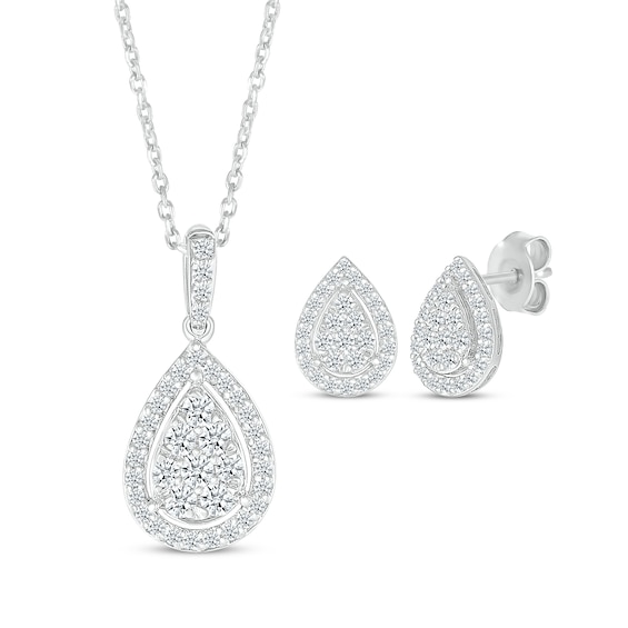 Previously Owned Multi-Diamond Center Pear-Shaped Necklace & Earrings Gift Set 1 ct tw 10K White Gold