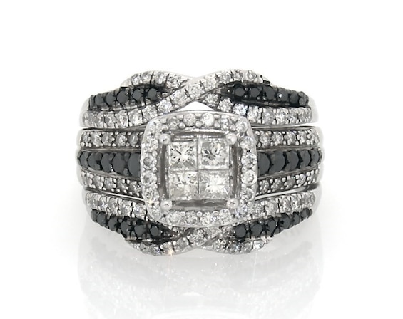 Previously Owned Princess-Cut Quad White & Black Diamond Bridal Set 1-1/8 ct tw 14K White Gold Size 5.25