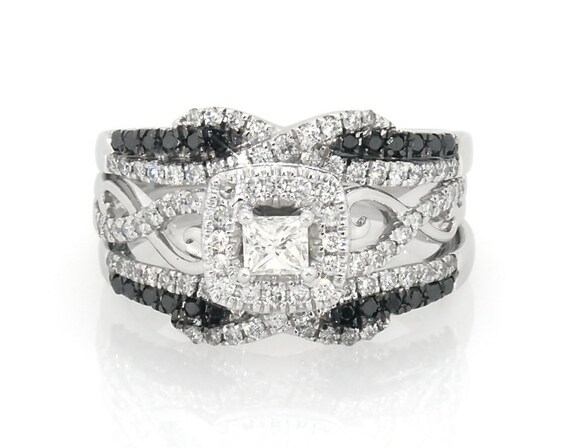 Previously Owned Princess-Cut White & Black Diamond Bridal Set 7/8 ct tw 10K White Gold Size 7.25
