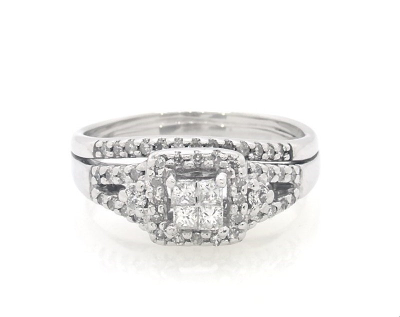 Main Image 1 of Previously Owned Princess-Cut Quad Diamond Halo Bridal Set 1/3 ct tw 10K White Gold Size 6.25
