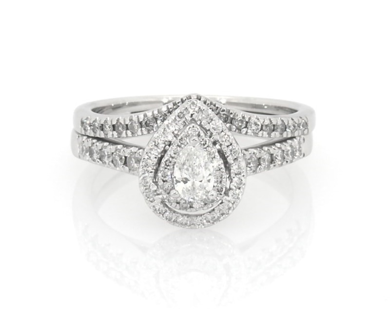 Main Image 1 of Previously Owned Pear-Shaped Diamond Double Halo Bridal Set 1/2 ct tw 10K White Gold Size 6.25