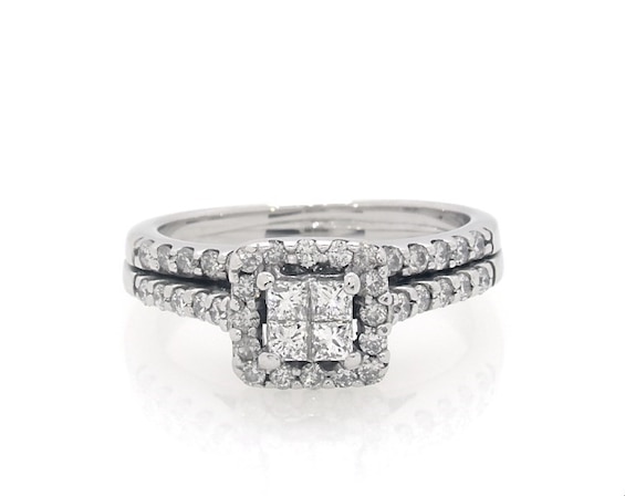 Previously Owned Princess-Cut Quad Diamond Halo Bridal Set 5/8 ct tw 14K White Gold Size 4.75