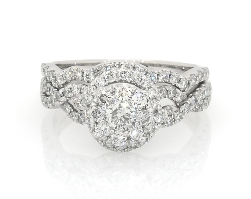Main Image 1 of Previously Owned Round-Cut Diamond Double Halo Bridal Set 1-1/5 ct tw 14K White Gold Size 8.25