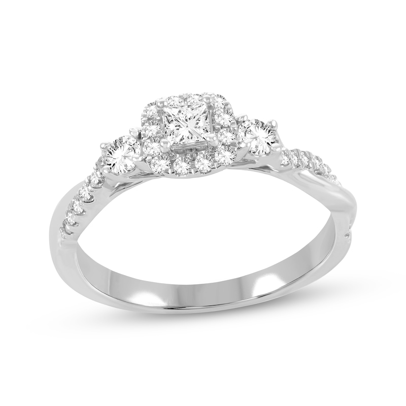 Main Image 1 of Memories Moments Magic Three-Stone Princess & Round-Cut Diamond Engagement Ring 1/2 ct tw 14K White Gold