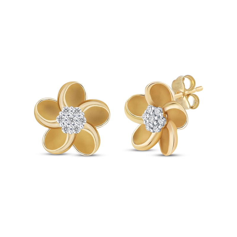 Main Image 1 of Diamond Plumeria Flower Stud Earrings 1/10 ct tw 10K Yellow Gold