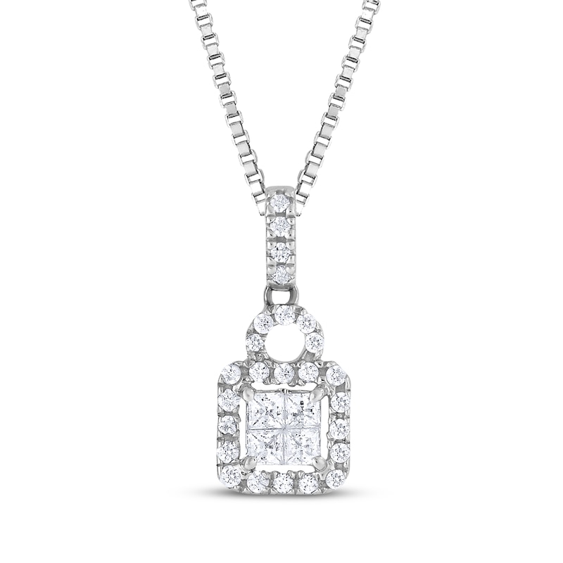 Main Image 1 of Princess-Cut Quad Diamond Cushion Frame Necklace 1/4 ct tw 14K White Gold 18"