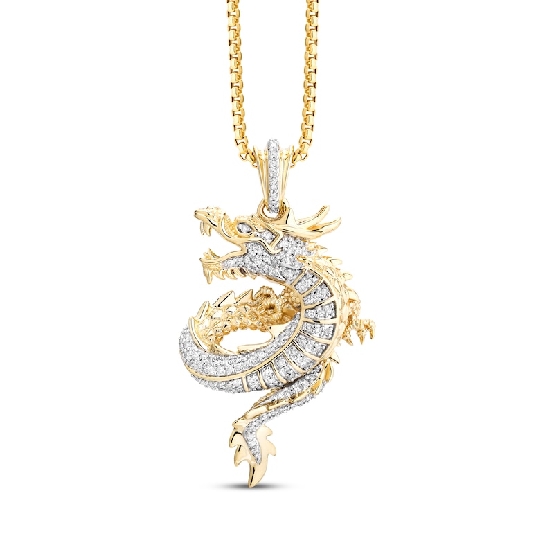 Main Image 1 of Men's Black & White Diamond Double-Sided Dragon Diamond-Cut Necklace 1/3 ct tw 10K Yellow Gold 22"