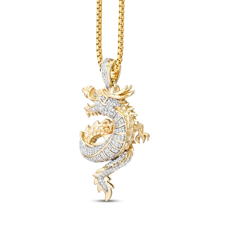 Main Image 2 of Men's Black & White Diamond Double-Sided Dragon Diamond-Cut Necklace 1/3 ct tw 10K Yellow Gold 22"