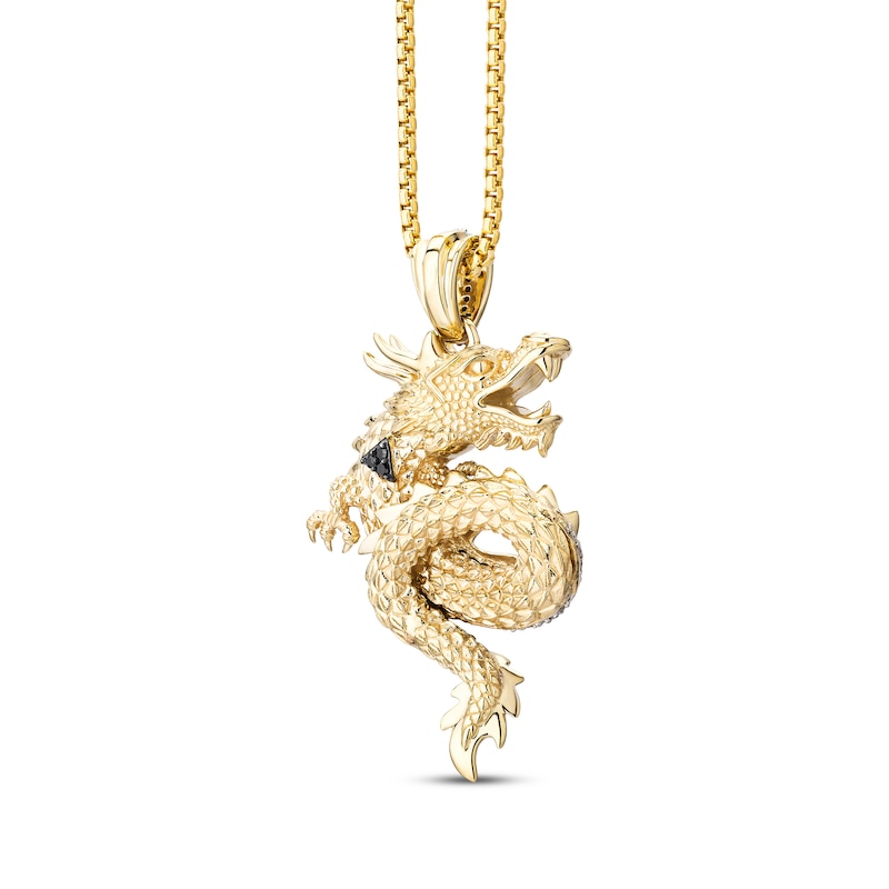 Main Image 3 of Men's Black & White Diamond Double-Sided Dragon Diamond-Cut Necklace 1/3 ct tw 10K Yellow Gold 22"
