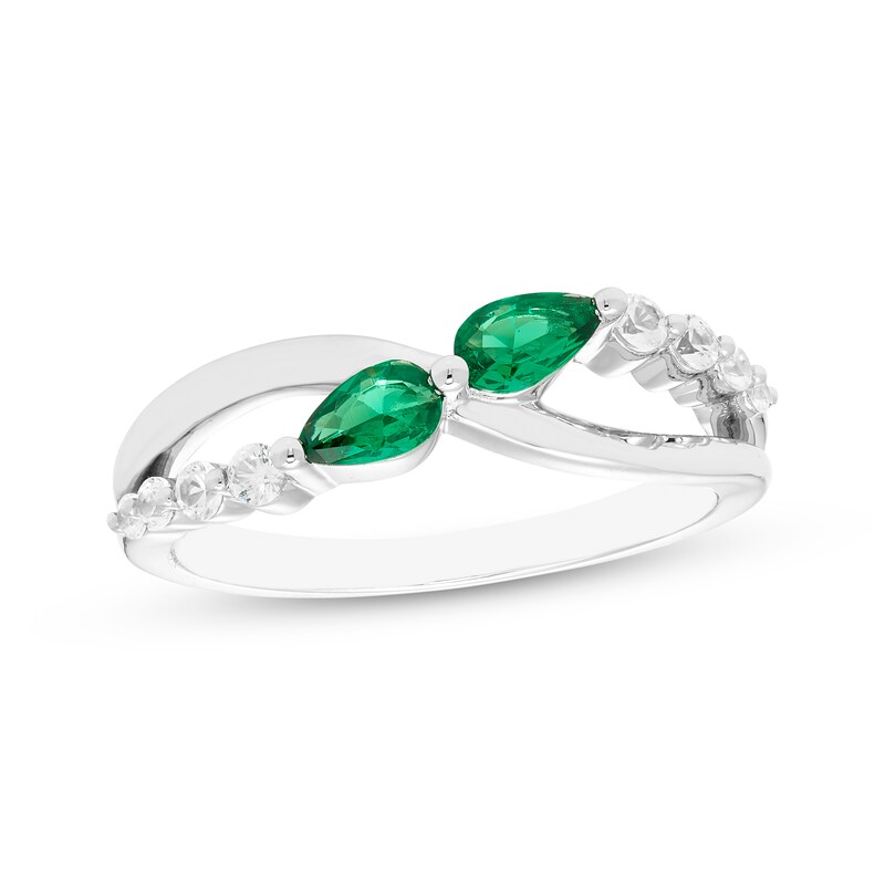 Main Image 1 of Pear-Shaped Lab-Created Emerald & White Lab-Created Sapphire Ring 10K White Gold