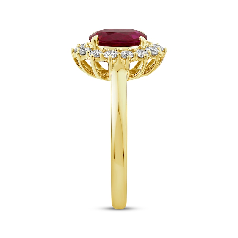Main Image 2 of KAY Lab-Grown Diamonds Oval-Cut Lab-Created Ruby Starburst Frame Ring 1/2 ct tw 14K Yellow Gold