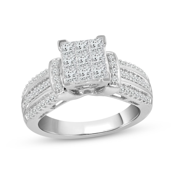 Previously Owned Princess-Cut Multi-Diamond Center Engagement Ring 1 ct tw 10K White Gold