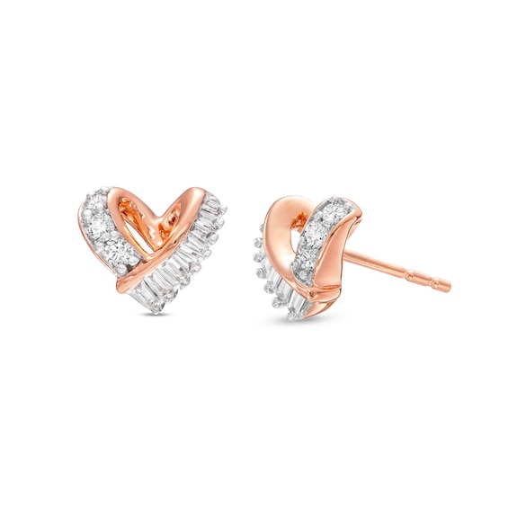 Previously Owned Diamond Heart Knot Earrings 1/4 ct tw Baguette & Round-cut 10K Rose Gold