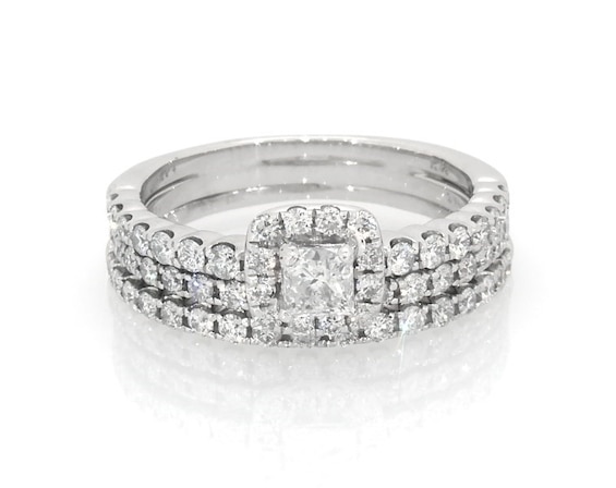 Previously Owned Princess-Cut Diamond Halo Bridal Set 1-1/6 ct tw 14K White Gold Size 7